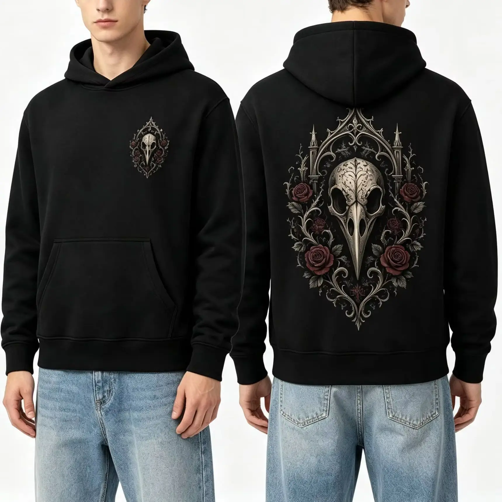Herbst-Winter Lässiger Dunkel-Gothic Totenkopf-Rosen-Wappen Grafik-Rückseite Damen-Kapuzenpullover Unisex-Mantel Oberteil Herren-Baumwoll-Hoodie