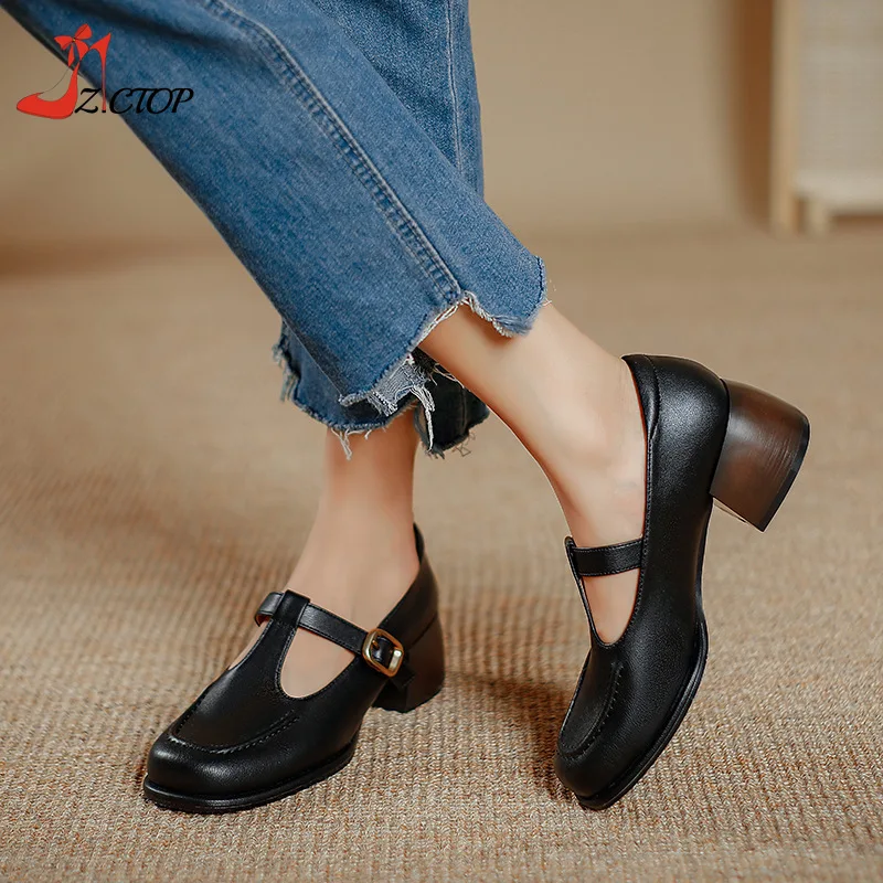 

Retro Mary Jane Shoes Women T-Strap Chunky High Heels Square Toe Women's Pumps College Vintage Black Brown Leather Shoes Spring