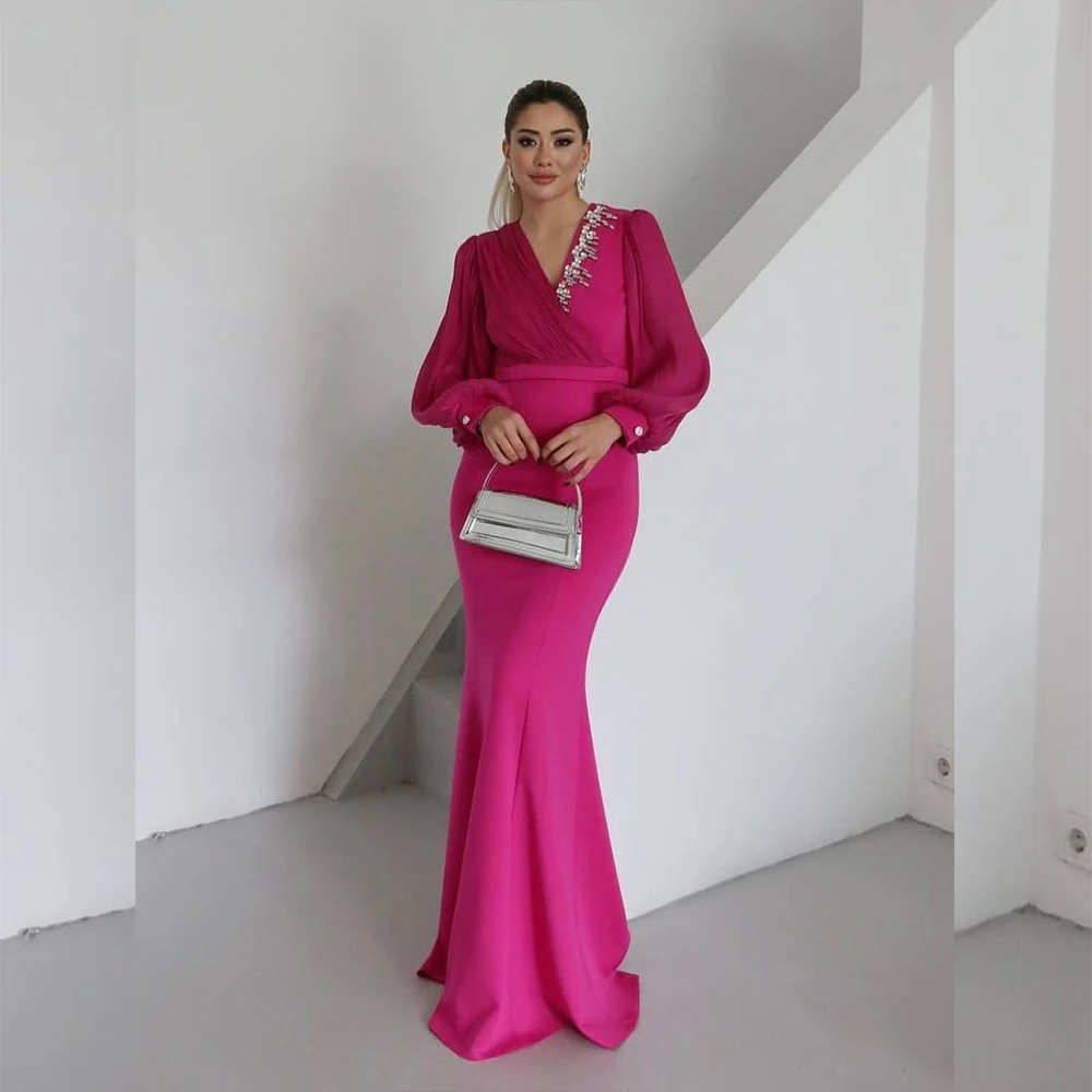 우아한 이브닝 드레스 브이넥 긴 소매 머메이드 비딩 갈라 프로미 파티 드레스 커비 맞춤형 이브닝 드레스