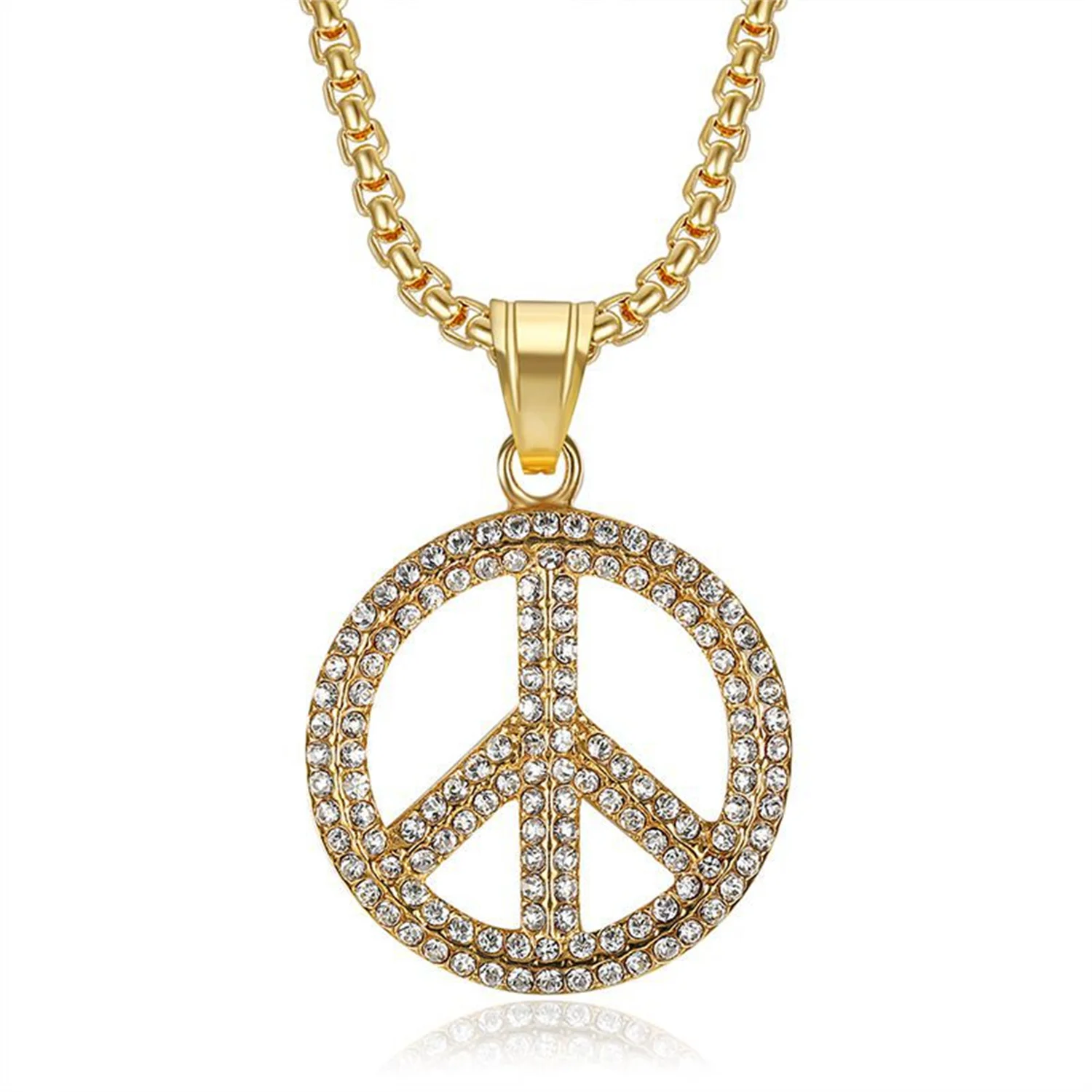 

Hip Hop Iced Out Bling Peace Sign Pendant Dropshipping Gold Color Stainless Steel Rapper Necklace for Men Hiphop Jewelry Gift