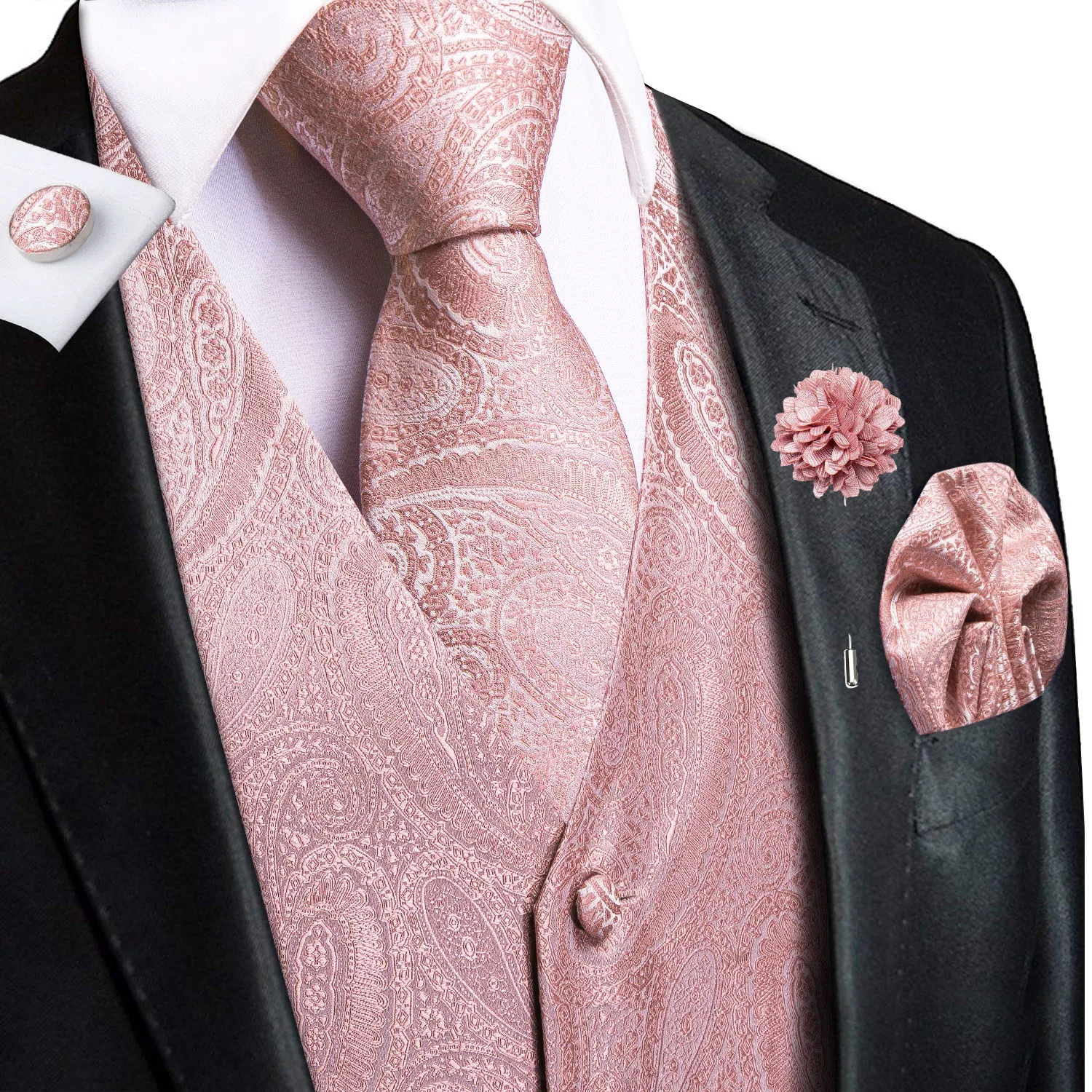 Wedding Peach Pink Mens Vests Silk Paisley Jacquard Waistcoat Tie Hanky Cufflinks Brooch Set for Men Suit Formal Business Hi-Tie