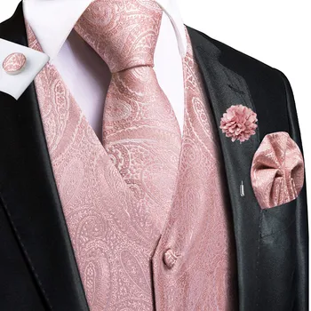 Casamento pêssego rosa coletes masculinos seda paisley jacquard colete gravata lenço abotoaduras broche conjunto para homem terno formal negócios hi-tie