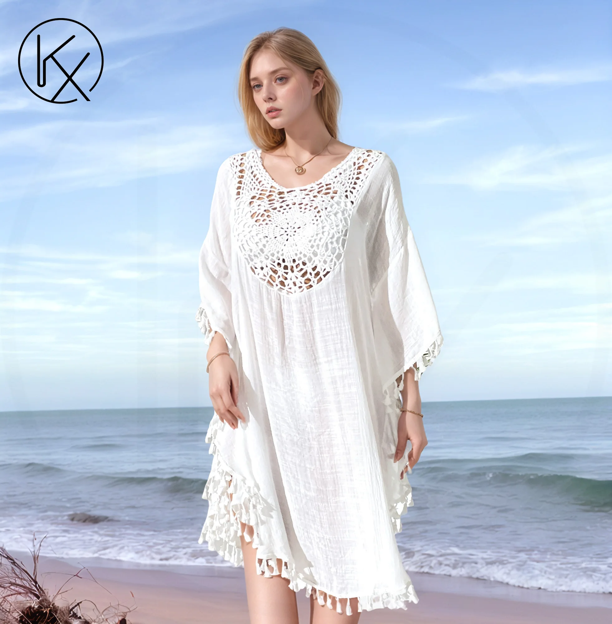

kaixiggmm Beach Hoodie Hook Flower Splicing Tassel Swimsuit Bikini Outer Knitted Craftsmanship Summer Beach Essential
