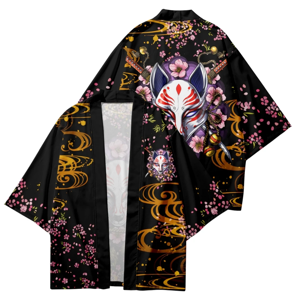 Moda giapponese volpe Samurai spada stampa Kimono Streetwear Cardigan Robe Harajuku donna uomo Haori Yukata Plus Size 4XL 5XL 6XL