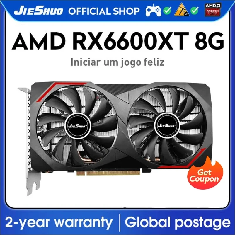 JIESHUO AMD RX 6600XT 8GB 2048sp Gaming Graphics Card GDDR6 7nm GPU 128bit RX6600XT 8G PC Desktop Video Office 6600 xt  KAS RVN