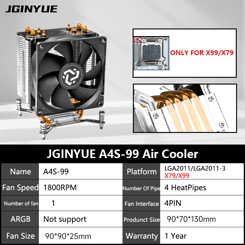 JGINYUE A4S-99 4 Heat-Pipe CPU Air Cooler TDP 150W CPU for Intel® X79/X99 Motherboard LGA2011/LGA2011-3 Socket