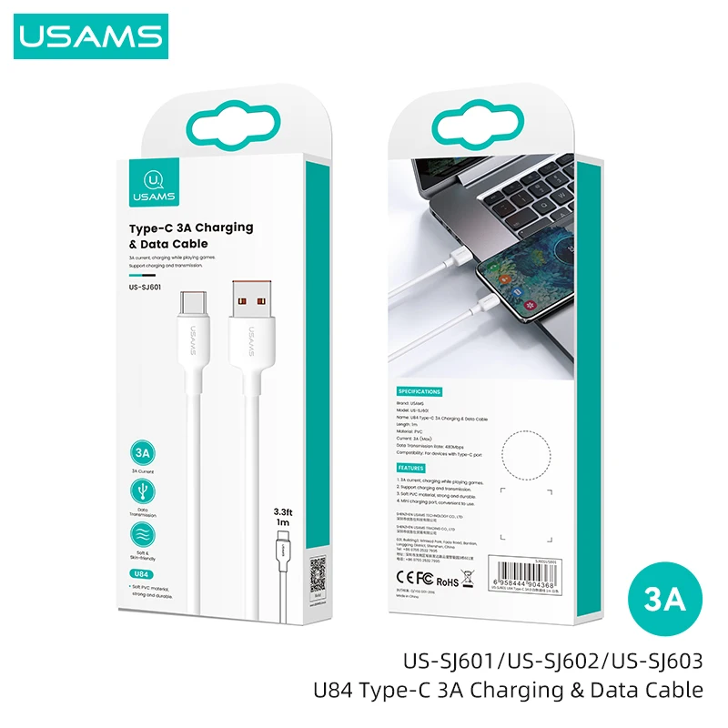 USAMS U84 USB Type C Data Core Wire USB Cable For iPhone 14 13 12 Pro Max iPad Fast Data Charging Charger Xiaomi  Huawei Samsung