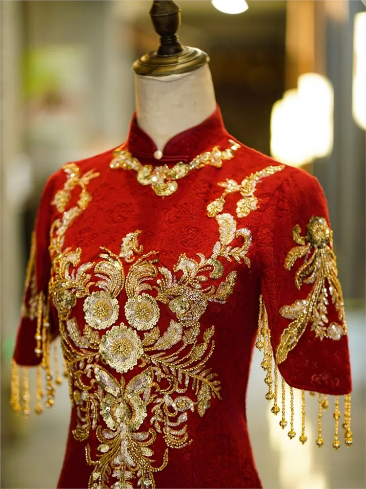

Red cheongsam toasting dress new bride's return engagement heavy tassel sleeves