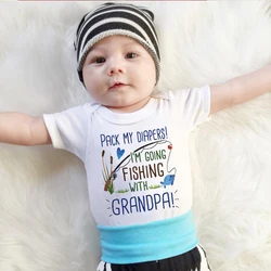 Newborn Boy Girl Short Sleeve Letter Print Pack My I'm Going Fishing with Grandpa Romper Outfits Baby Clothes Toddler