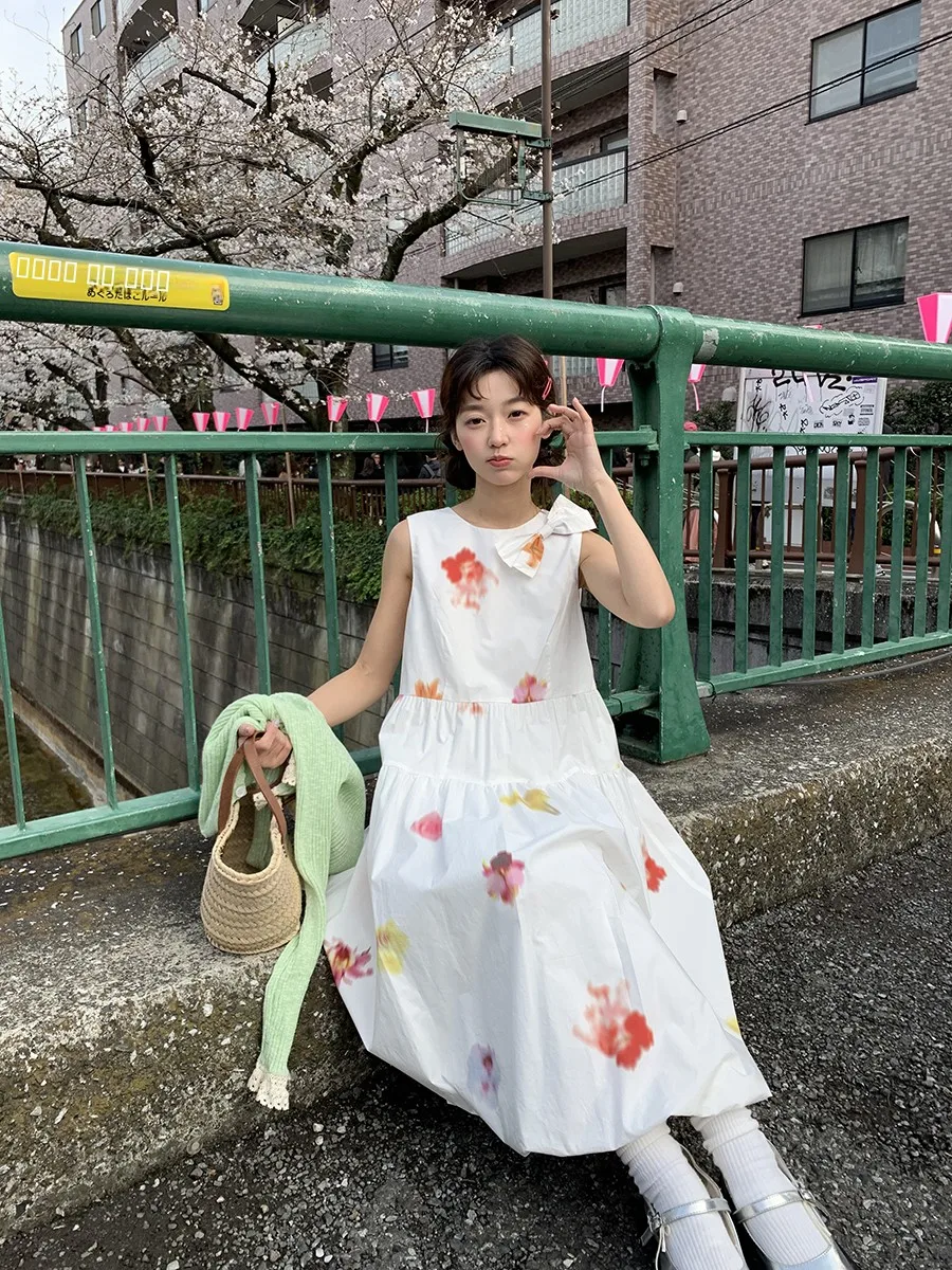 

Fre Knot Long Dr Women's Sle adient Flower Print Cotton Gauze Skirt A-Line Midi Dr Summer Faion