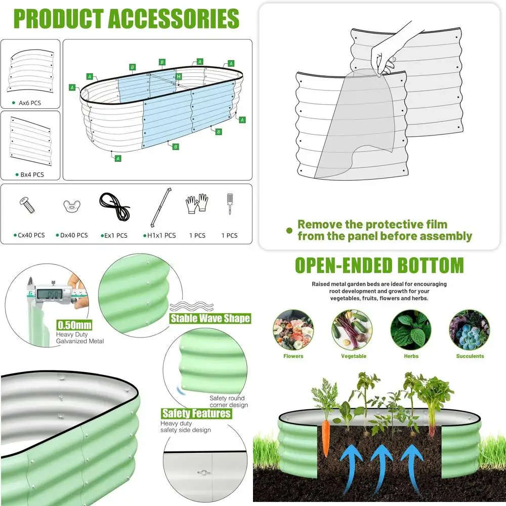 

Поднятая садовая кровать на открытом воздухе, 2 шт., овальные металлические коробки для цветов размером 4x2x1 футов для выращивания растений и овощей, зеленые
