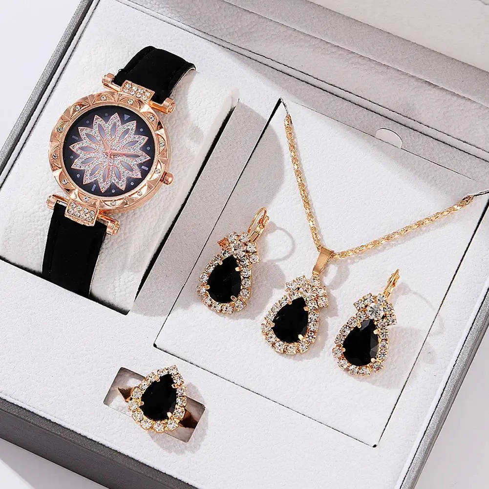 Women's Quartz Watch Luxury Women Ring Necklace Earring Rhinestone Fashion Wristwatch Casual Ladies Watches Jewelry Set ﻿