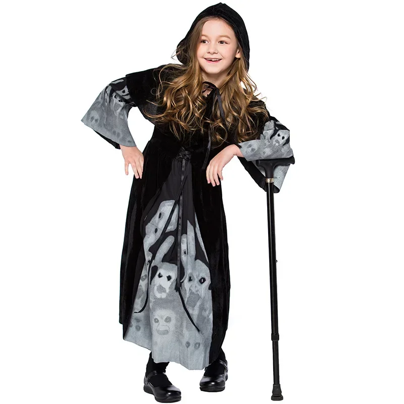 

2025 Cashmere Girls Noctilucent Skeleton Witch Costumes Cosplay With Hooded Opera Cape For Children Halloween Party Dress