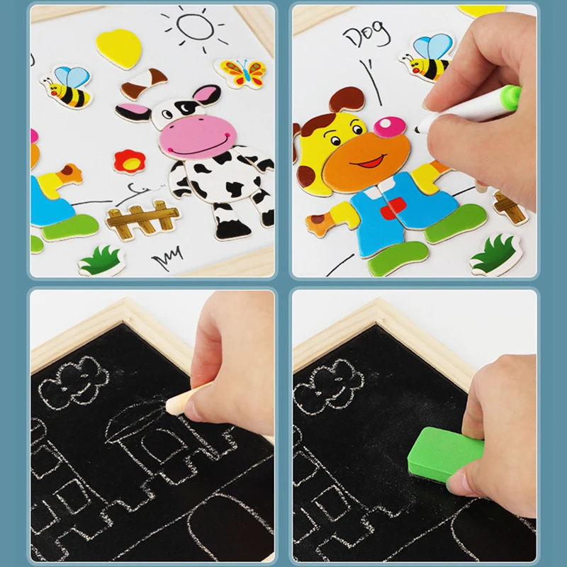 Children Wooden Multifunction Animal Puzzle Drawing Toy Board Blackboard Magnetic Writing Kids Learning Education Toys TMZ