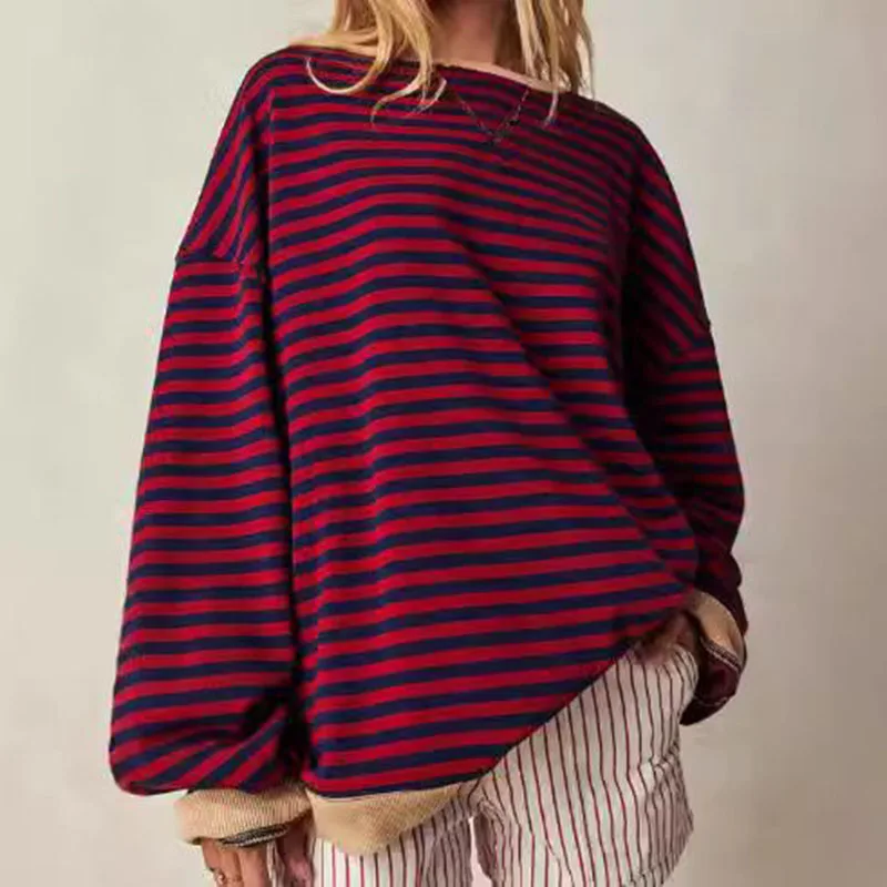 Damen Herbst/Winter Neuer Gestreifter Rundhals-Pullover Locker Lässig Langarm Sweatshirt Streetwear Harajuku-Stil Sweatshirt-Jacke – Detail 11