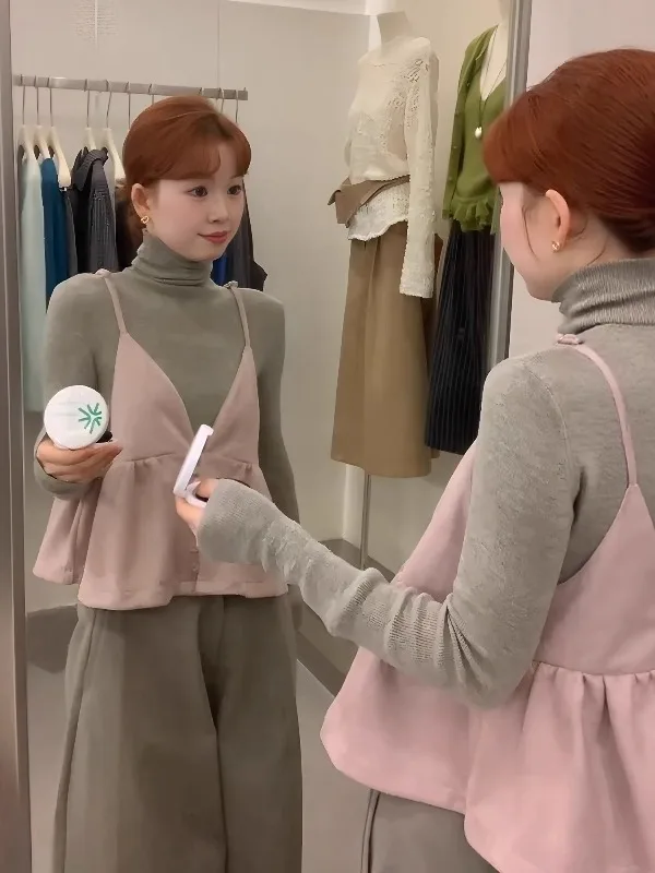 

Модный корейский женский комплект: топ с V-образным вырезом и бретелями, базовая рубашка с высоким воротником, розовый, милый, осенняя сезонная одежда