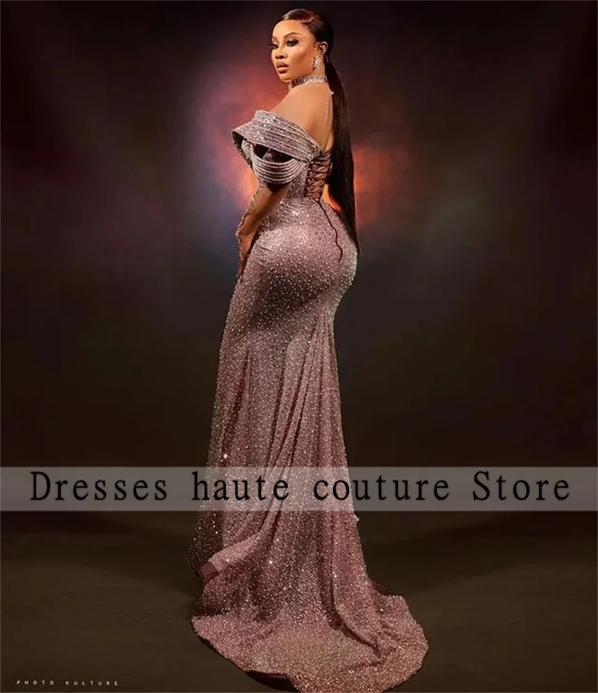 Aso Ebi Luxury Silver Lace Beaded Evening Dresses 2024 Lace up Back African Mermaid Prom Dress Custom Wedding Party Gown