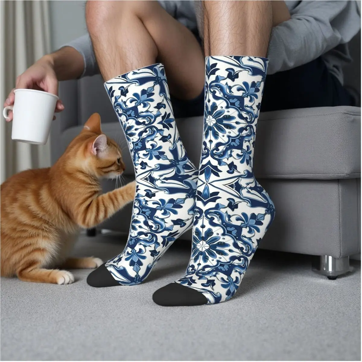 

Синие и белые носки с узором Majolica, чулки высокого качества в стиле Харадзюку, всесезонные длинные носки, аксессуары для мужчин и женщин, подарки