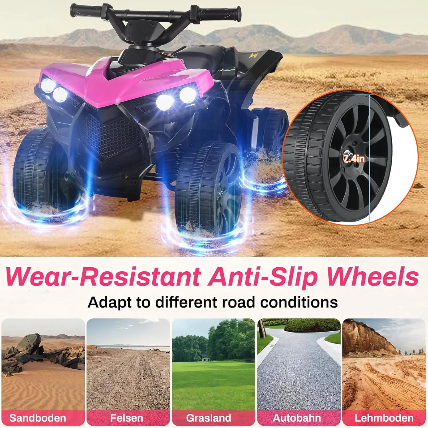 Los niños viajan en el coche cuádruple todoterreno eléctrico ATV con batería de 6 V con música, luz, rosa