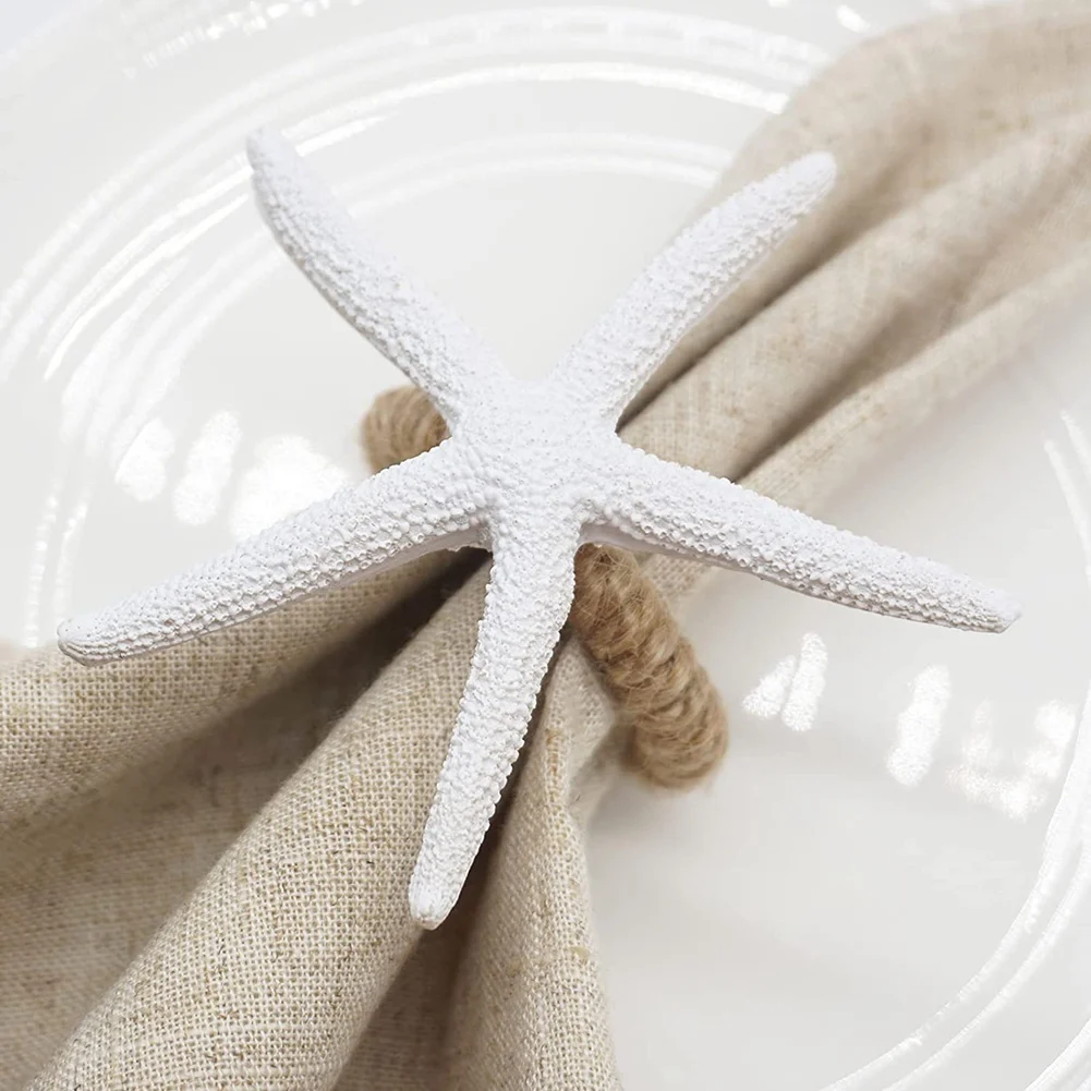 Conjunto de 8 anéis de guardanapo de estrela do mar feitos à mão, suporte de anel de guardanapo de estrela do mar falsa branca para casamento, mesas de jantar