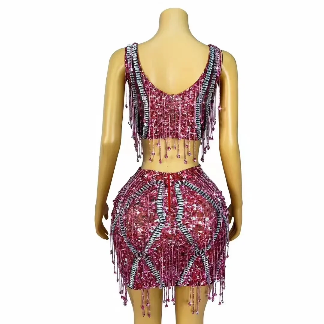 Sparkly Rhinestone Crystals Top Skirt Two Pieces Set Women Sexy Celebrate Evening Birthday Dress Photo Shoot Performance Costume