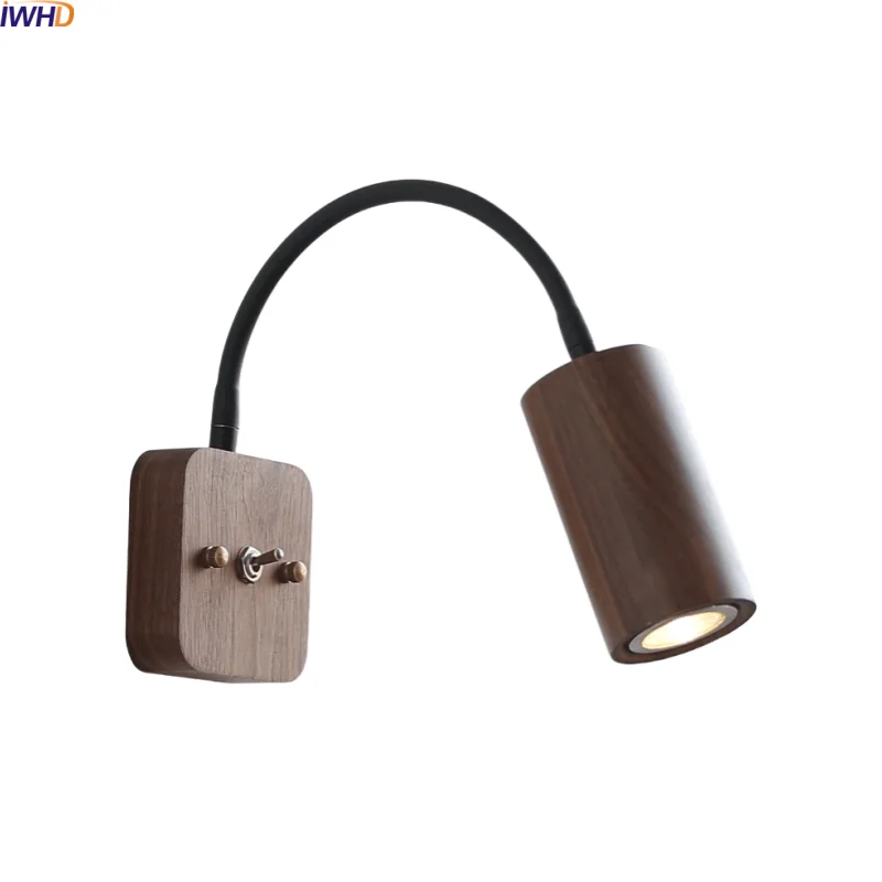 

IWHD Vintage Design LED Wall Light Indoor Living Room Bedroom Round Walnut Wood Black Hose Wooden Bedside Lamp Applique Murale