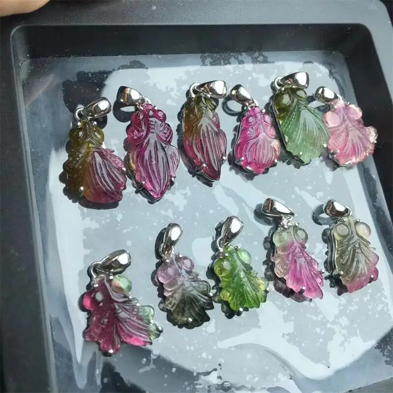 S925 Natural Watermelon Tourmaline Goldfish Carving Fashion Shape Pendant For Making DIY Home Decoration Gift