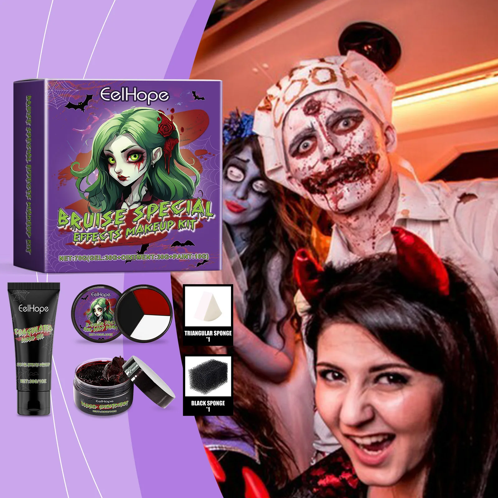 Bruise Special Effects Makeup Kit Fake Blood Gel Ointment Bruise Palette with Sponges Realistic Wound Scar SFX Makeup fo