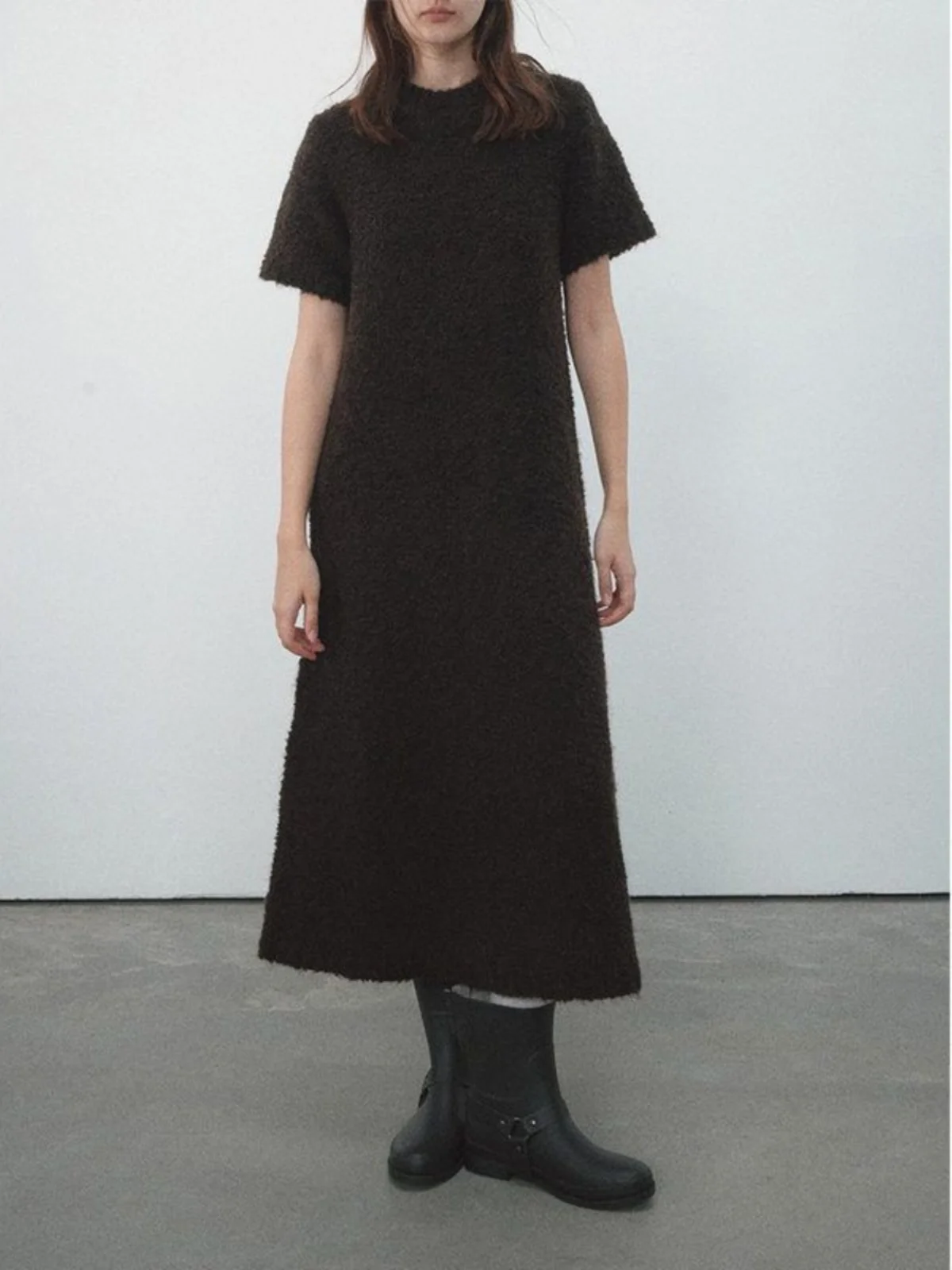 Thirteen Rows September Winter Advanced Simple Solid Fleece Circle Short sleeve Wool Dress H8257