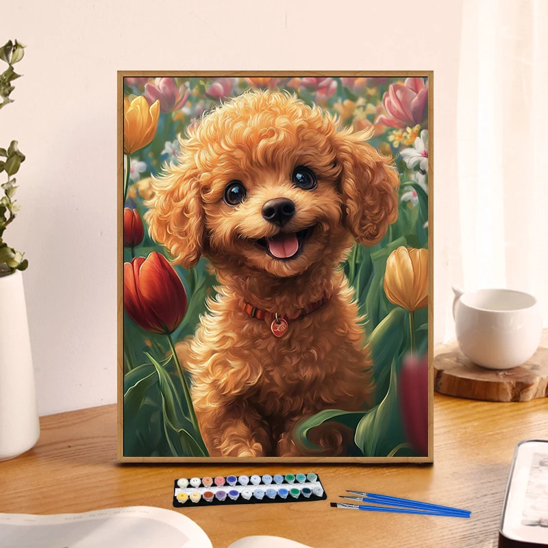 Painting By Numbers Tulips and Poodles Anniversary gift on Digital Painting Canvas Acrylic Paint Image Digital Coloring