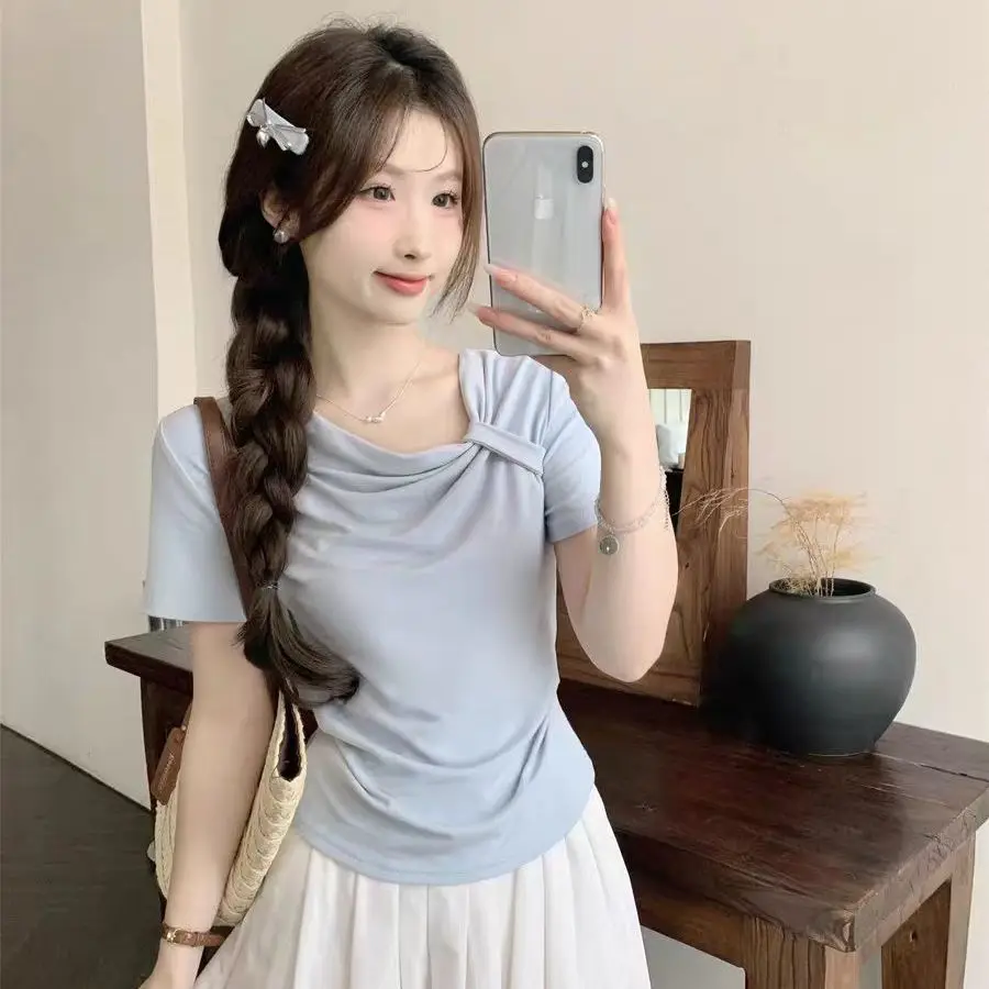 

Y2K Knotted Blue Tshirt Women Summer Trendy Asymmetric Ruched Waist Top Casual Streetwear Sexy Cropped Tee TikTok Viral Fashion