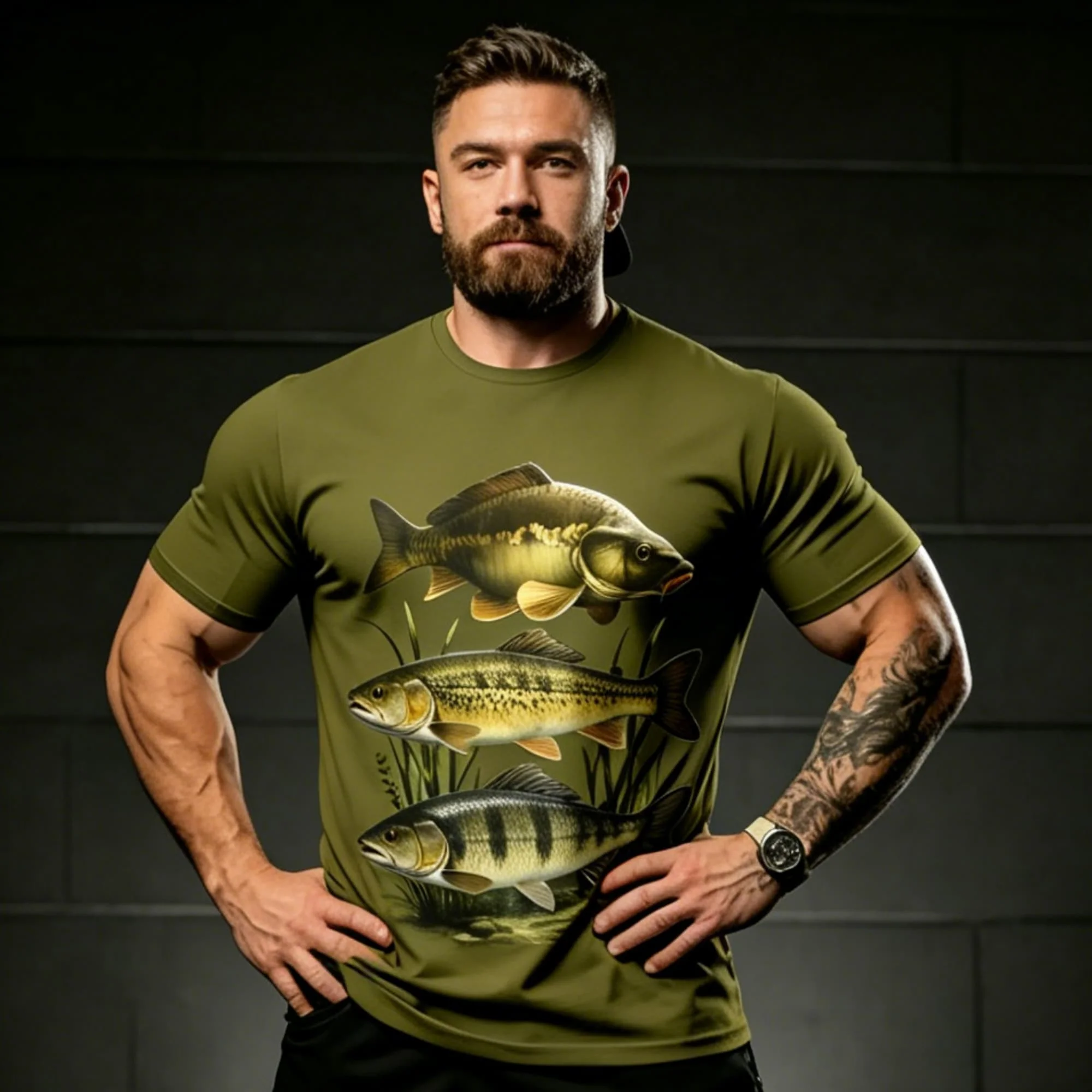 Camiseta de manga corta con estampado de hierba acuática y peces de agua dulce, color verde militar, para hombre, cuello redondo, para amantes de la pesca, transpirable, informal, para exteriores