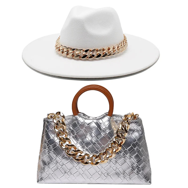 Fedora Hat For Women and Bag Set Large Chain Jazz Cap Retro Luxury Fashion Hat Simple Grace Wide Brim Hat 2022 New