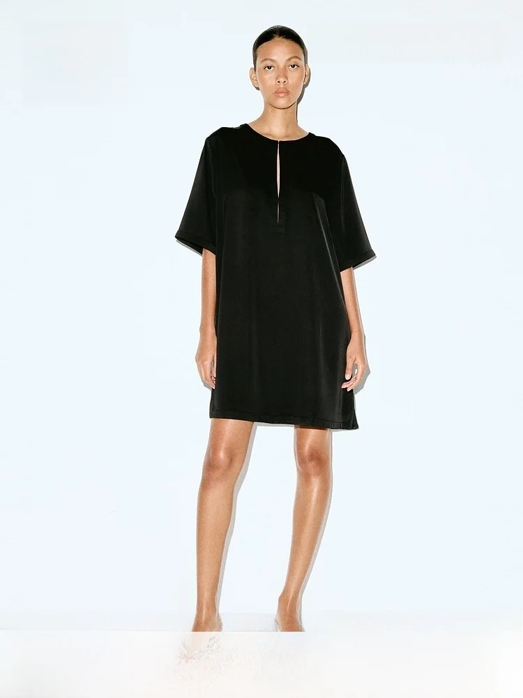 

H&M Summer Women's Straight Tube Dress Casual Pure Color Short Skirt Polyester Fiber 100% round Neck 1293328