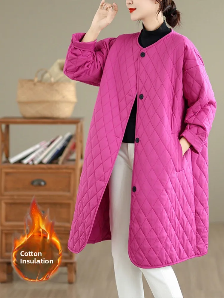 

Длинное женское хлопковое пальто с лацканами большого размера, зимнее пальто с ромбовидным узором, повседневное художественное пальто на пуговицах