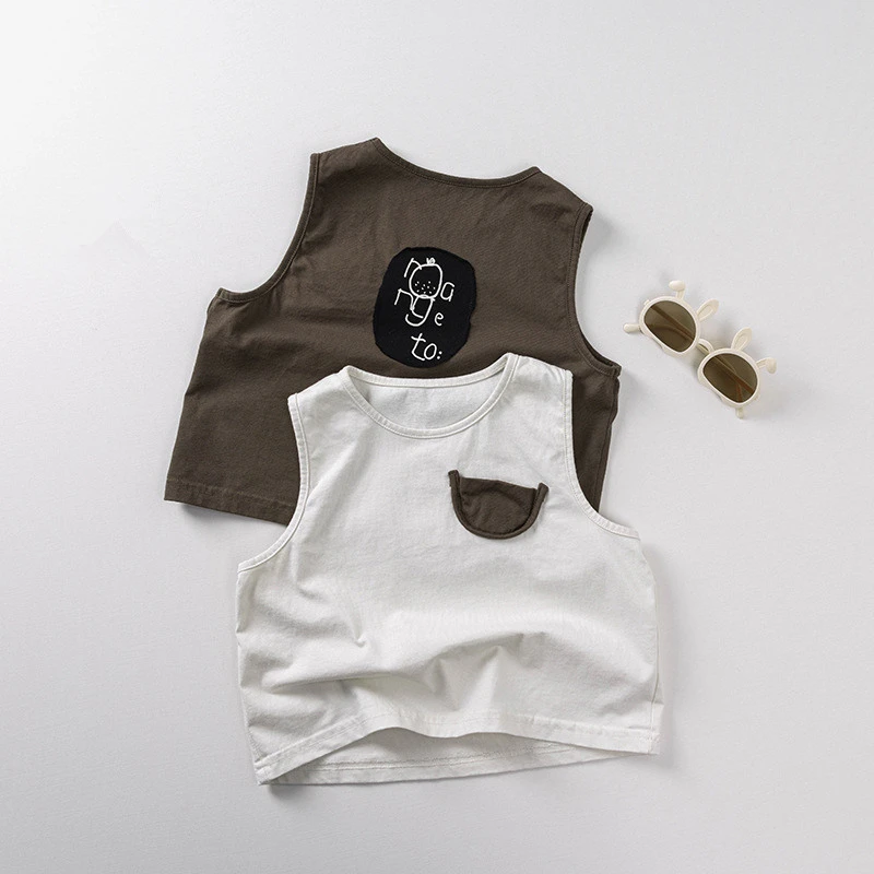 

2025 Summer New Boys Casual Pocket Vest Children Sleeveless Tops Girls Loose T Shirts Vintage Baby Cotton Tee Kids Clothes
