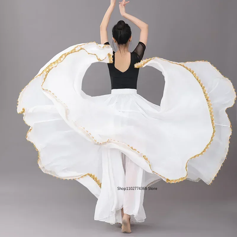 Flamenco-Tanzrock für Damen, 720-Grad-Chiffon, einfarbig, langer Bauch, Swing-Rock, zum Üben von Zigeunern, langer Rock, Tanzaufführung