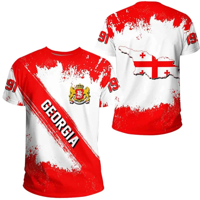 Georgia Flag Pattern T Shirt For Men Georgian National Emblem 3D Print T-Shirts Fashion Outdoor O-Neck Tops Sports Fitness Tees