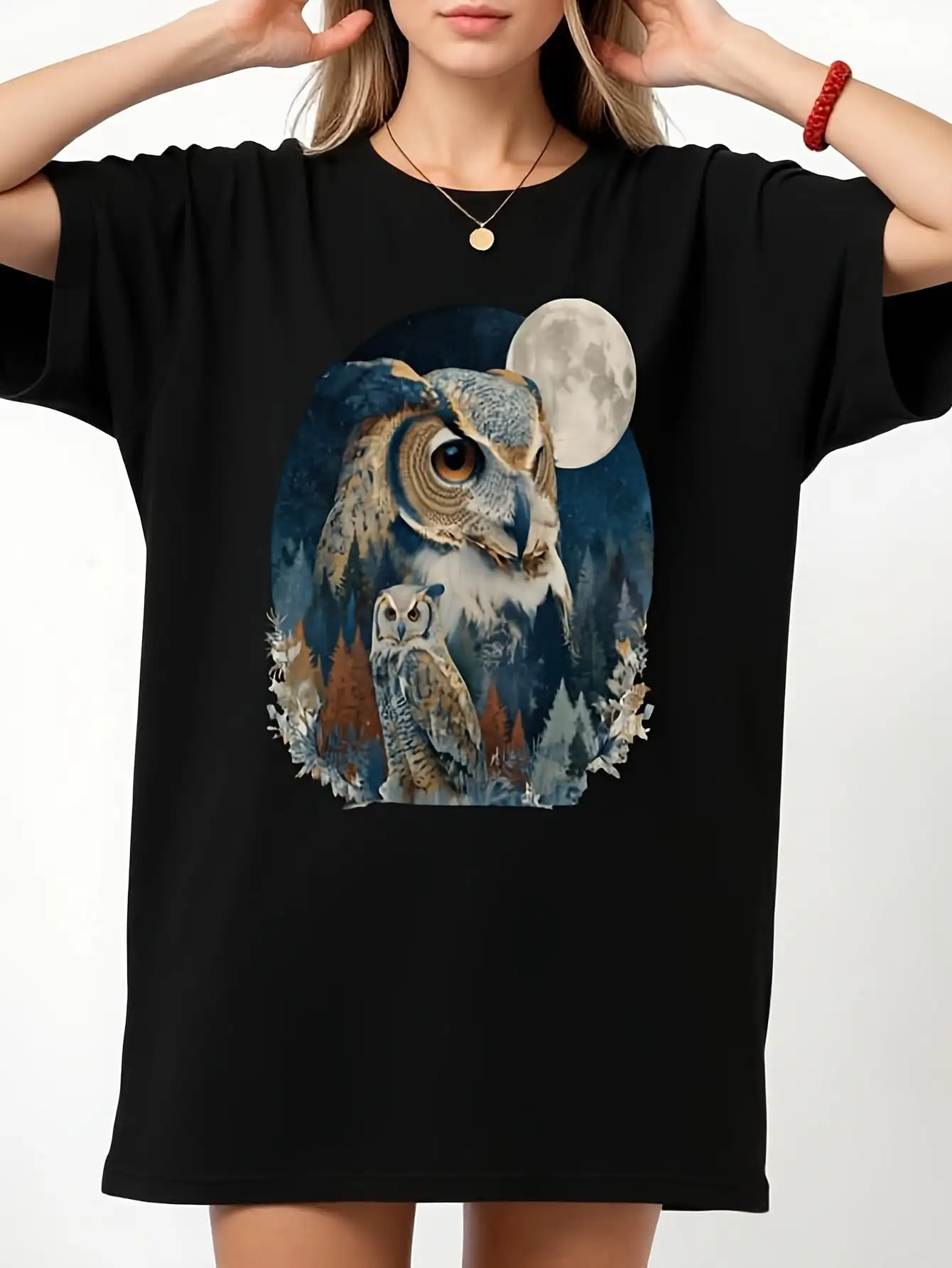 Women's Casual Nature Forest Owl Moon Graphic T-Shirt