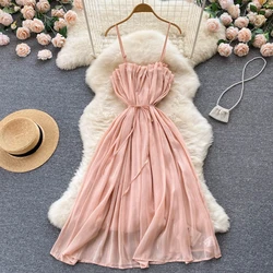 Sexy Backless High Waist Pleated Slip Dress Casual A-line Dress Summer Beach Vestidos Women Evening Party Sundress