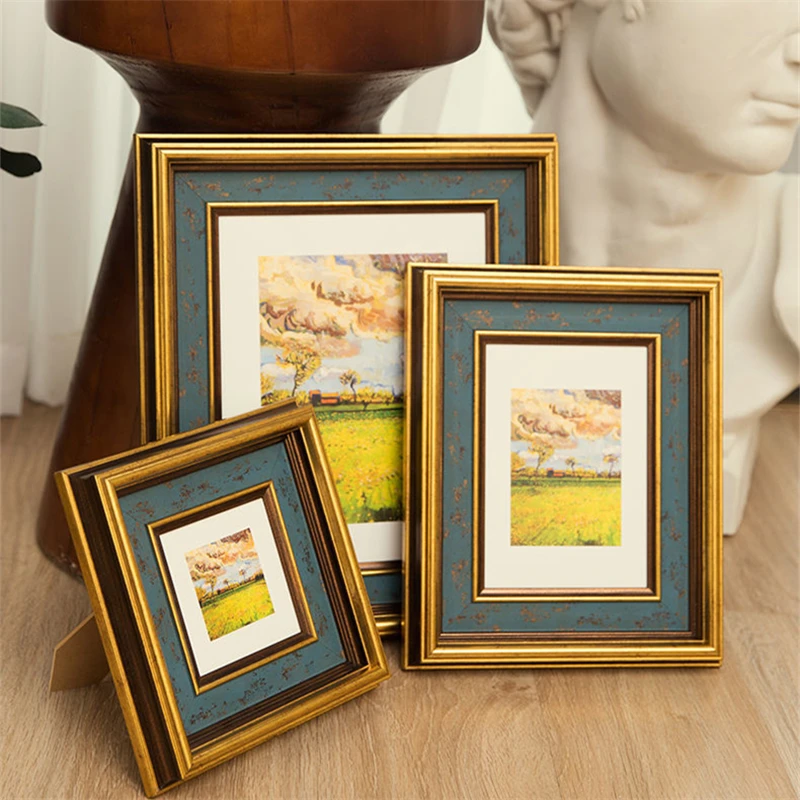 American Retro Style Golden Border Small Photo Frame Classic Home Decor Photo Frame Ornament Solid Color Rectangle Photo Frame