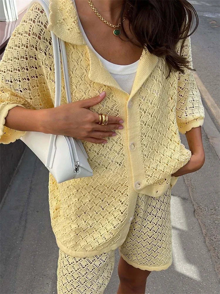 

Fmxires Knit Printed 2 Piece-Set Shorts Women's Cover up Beach Holiday Loose See-Through Clothes Summer Knitwear Female Outfits