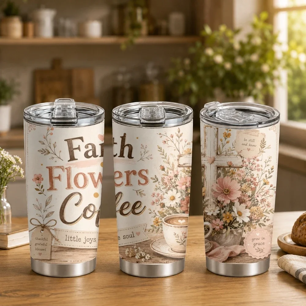 Faith Coffee Floral Quote Prints Vacuum Flasks 20oz Coffee Tumbler With 2 Lids & Straw Stainless Steel Vacuum Insulated Mug