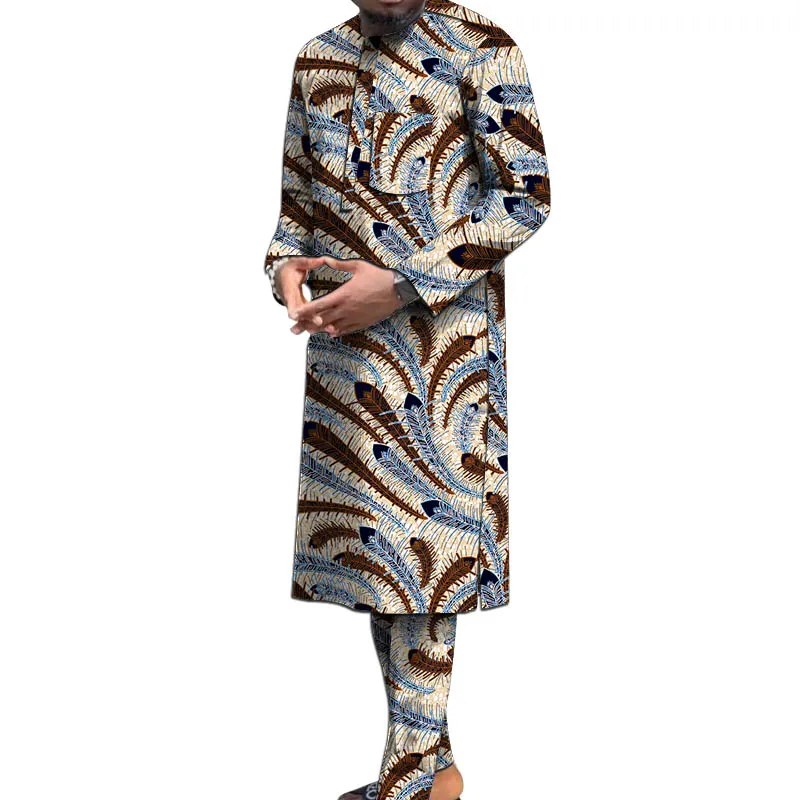 Nigerian Polyester Print Men's Set Long Sleeve Shirt+Pant African Traditional Male Wedding/Party Groom Suit