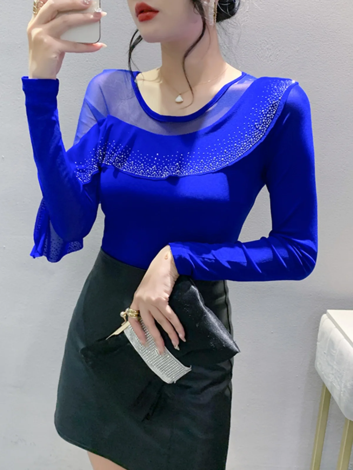 Spring Autumn Ringstones Ruffles Long Sleeve Mesh T-shirt Tee New Female Round Collar Sheath Tops T-shirts for women