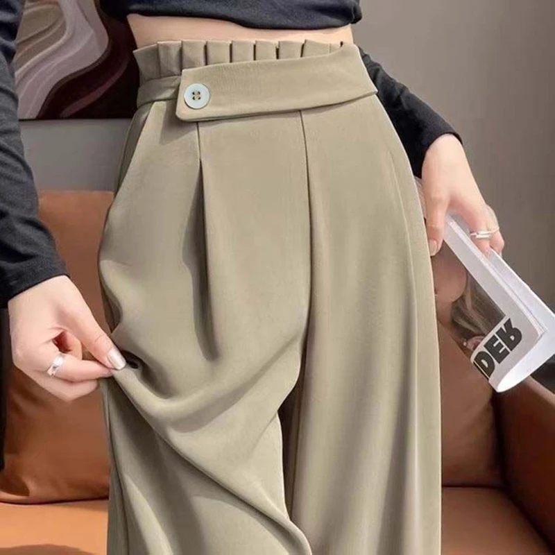 Fashion Elastic Spliced Solid Color Straight Pants Women's Clothing 2025 Summer New Loose Office Lady High Waist Casual Pants