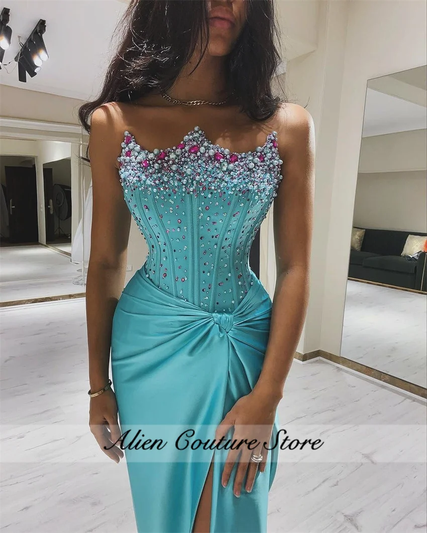 Shining Turquoise Mermaid Evening Dress Beading Crystal Pearls Sequins Split Party Dress For Special OccasionsVestido De