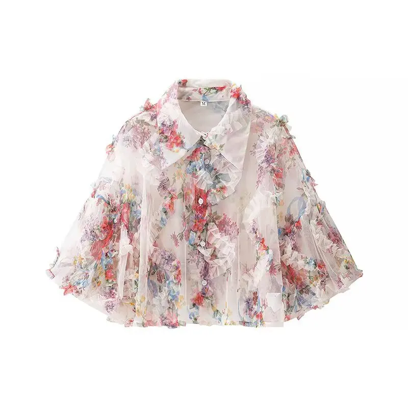 

Шифоновая модная и минималистичная блузка, французская сетчатая рубашка с объемными рукавами и цветочным принтом, летняя милая блузка для девочек