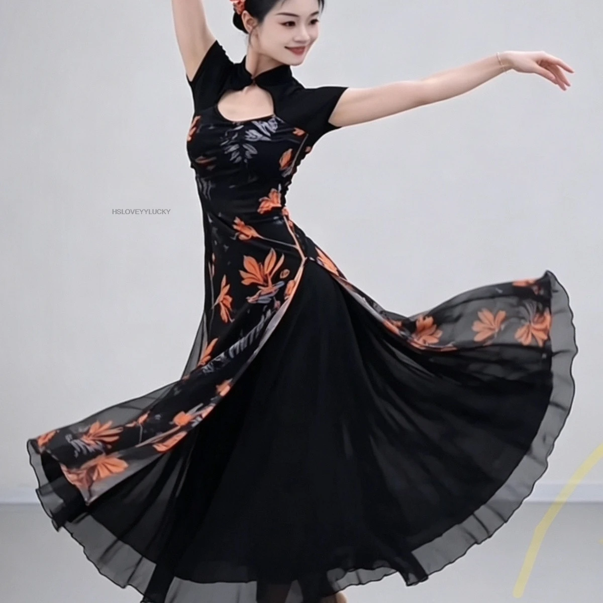 Black Printed Classical Dance Dress Cheongsam Daily Dance Costume Improved Chinese Style Retro Practice Clothing
