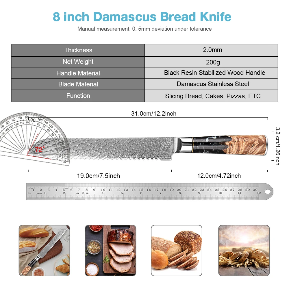 High Quality Serrated Bread Knife 8 Inch 67-layer Damascus Steel Toast Slicing Knife Sharp Cheese Cake Knife Ergonomic handle